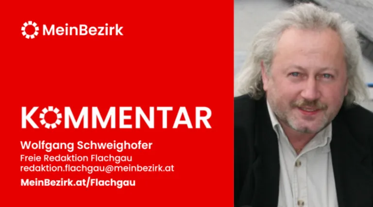 A red poster with white text saying 'Bezirk' and 'COMMENTAR'. Below is an email address 'flachgau@meinbezirk.at'. A man with white hair and a beard is on the right.