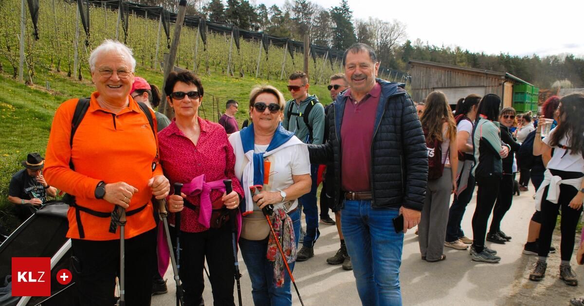 A group of smiling adults, three women and one man, pose for a photo on a sunny day. They are holding walking sticks and standing near a vineyard.