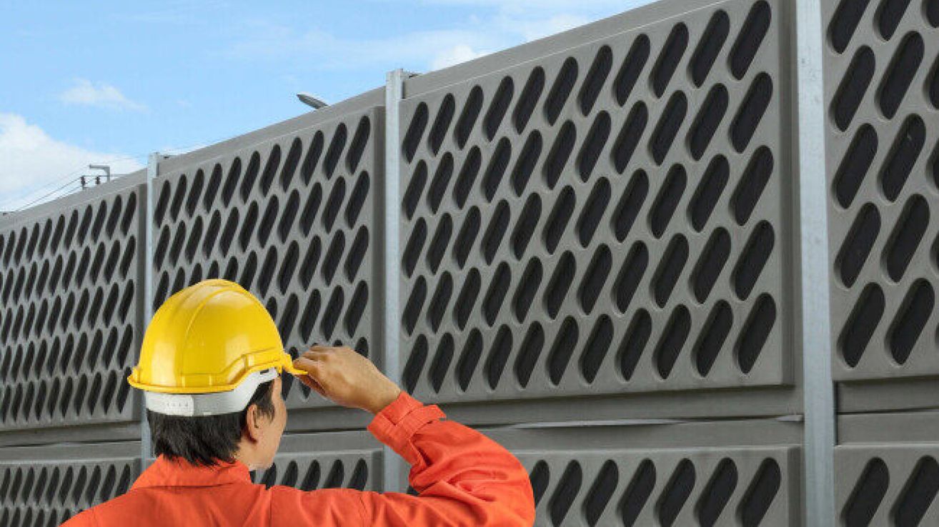 Ein Mann in einem Bauhelm legt eine Hand auf eine große perforierte Metallwand. Der Himmel ist klar und blau.