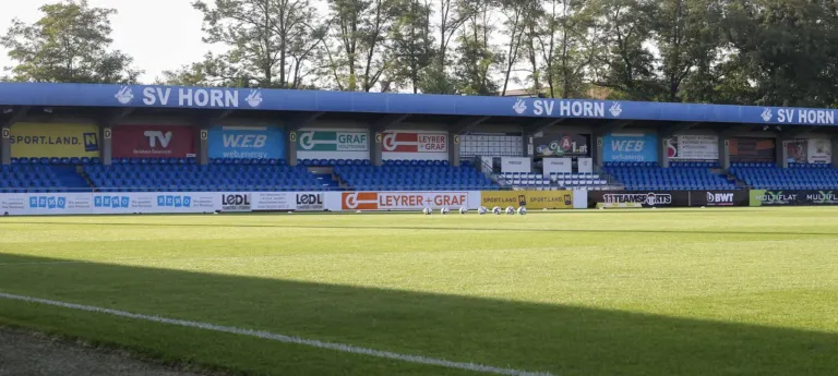A soccer field with a blue roof and empty blue bleachers, featuring various advertisements and sponsors. The field is well-maintained, with soccer balls scattered on the grass.