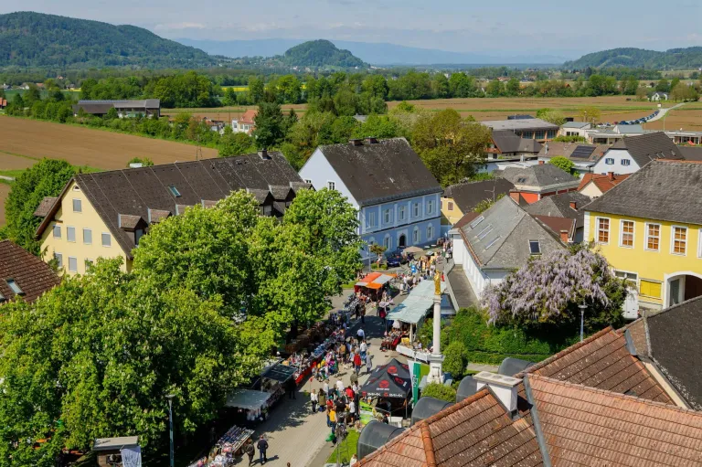 An aerial view of a bustling marketplace in a European town with trees and houses. Many people gather around stalls. A monument stands in the center. Mountains and a field are visible in the background.