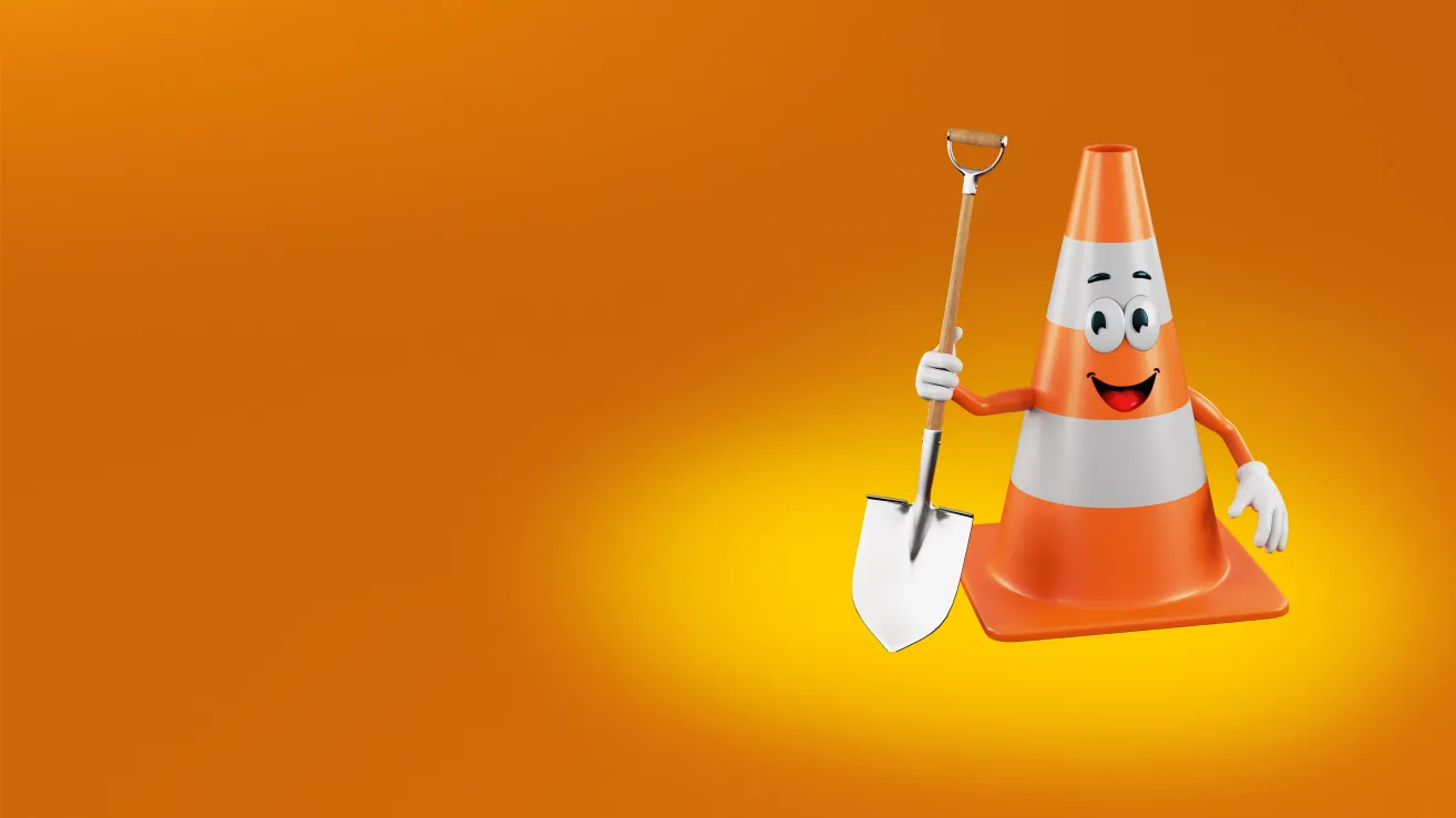 A cartoon-style orange traffic cone holding a shovel against an orange background, with a cheerful expression.