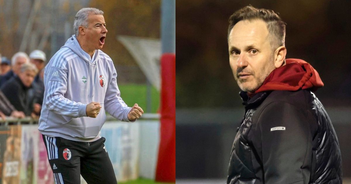 Two coaches, one shouting, the other staring. The left one wears a white hoodie with red and white stripes. The right one wears a black jacket with a red collar.