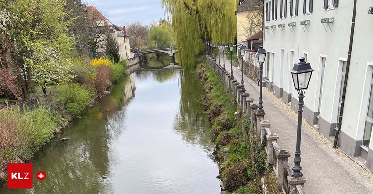 A river with a bridge in the distance, surrounded by green trees and bushes, and buildings along the side.