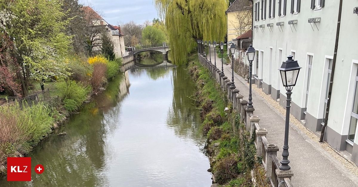 A river with a bridge in the distance, surrounded by green trees and bushes, and buildings along the side.