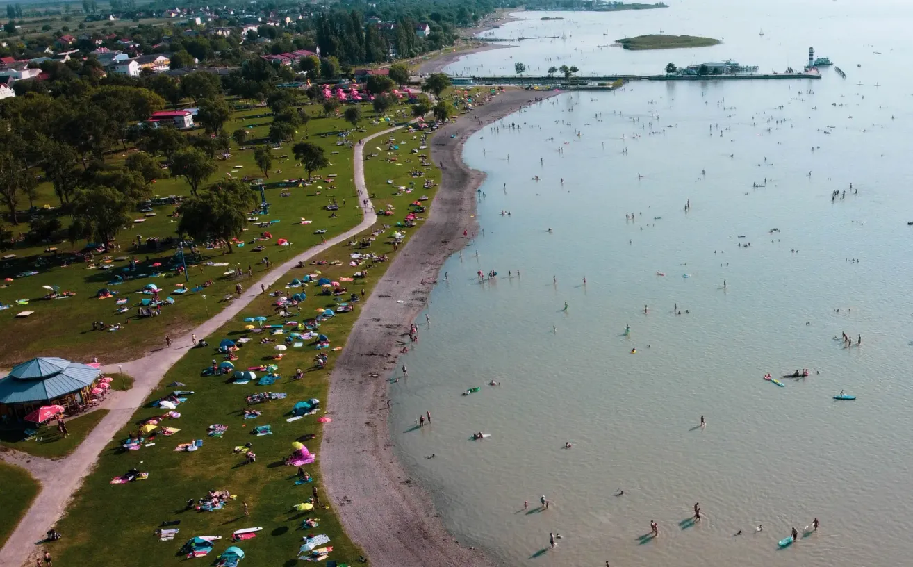 An aerial view of a beach shows many people swimming and sunbathing. Nearby, a grassy area has many people relaxing with umbrellas and blankets.