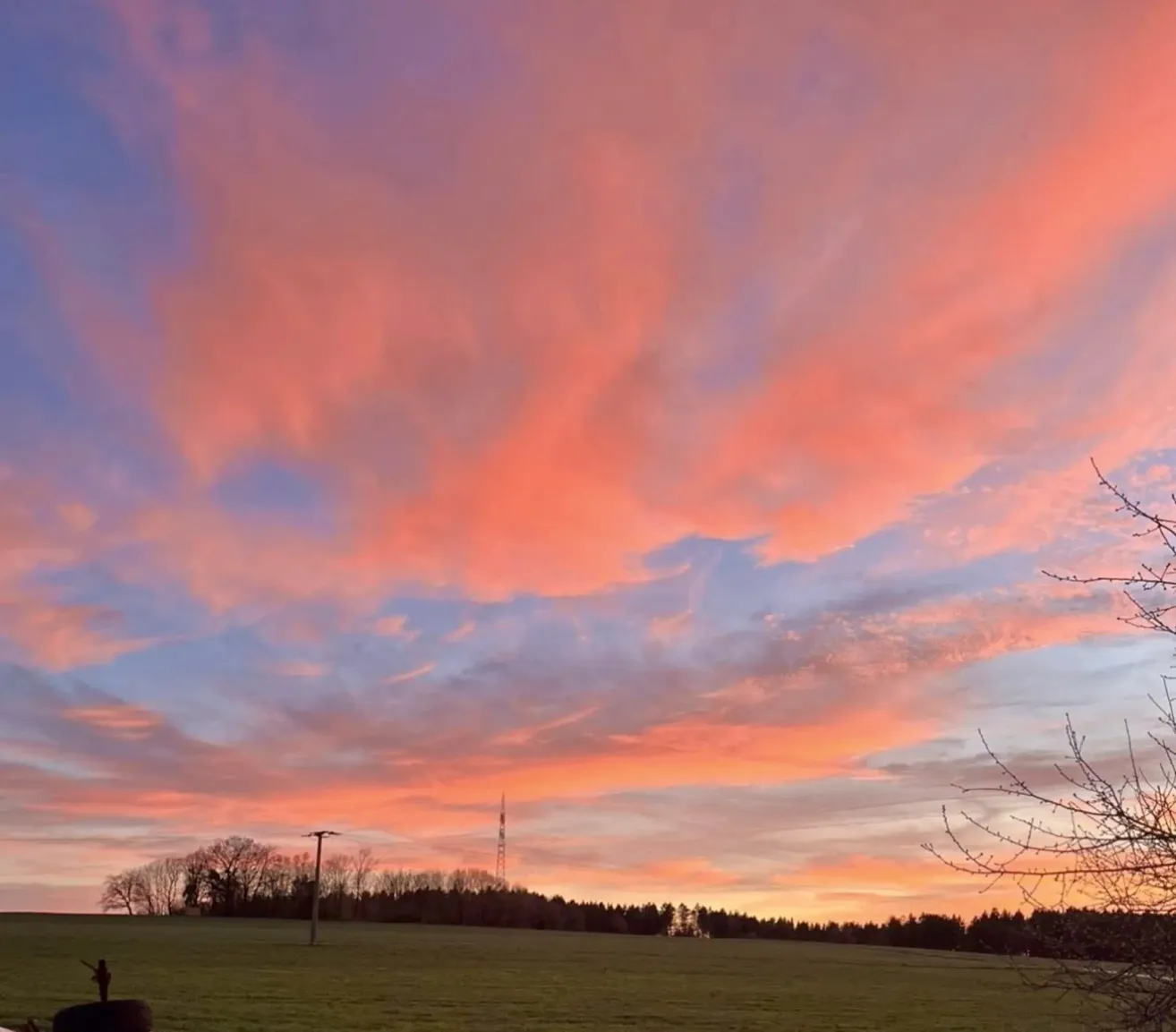 Sunset over a green field with a distant power line and trees. The sky is filled with orange and pink hues.