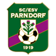The SC/ESV Parndorf logo features a soccer ball with a thistle emblem and the year 1919. The logo is set against a green and purple background.