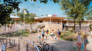 Eine Familie genießt einen sonnigen Tag in einem Resort mit einem modernen Gebäude, einer Flagge und einer malerischen Aussicht.