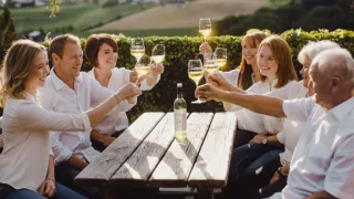 Five people, smiling and holding wine glasses, are sitting around a wooden table, possibly celebrating a special occasion. A bottle of wine is on the table. Behind them is a green hedge, with a view of a vast field and mountains in the distance.