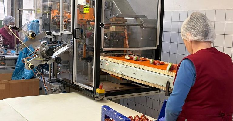 Eine Arbeiterin in einer Fabrik überwacht ein Förderbandsystem mit automatisierten Lebensmittelverpackungsmaschinen.