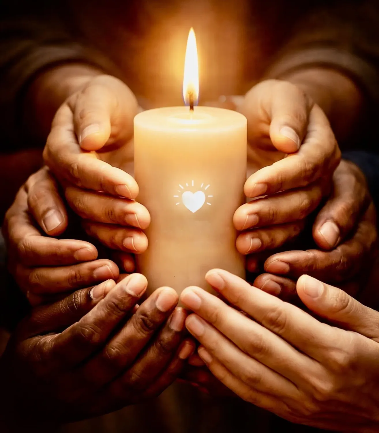 Mehrere Hände umgeben eine brennende Kerze mit Herzsymbol, was Einheit und Liebe symbolisiert.