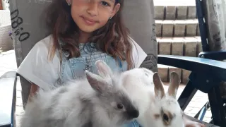 Ein junges Mädchen mit braunen Haaren lächelt, während es auf einem Stuhl sitzt und zwei weiße Kaninchen hält.