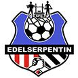 Das Emblem zeigt einen Fußball mit zwei Figuren darauf. Darunter steht der Schriftzug 'EDELSERPENTIN'. Der Schild hat rot-weiß-blaue Streifen und eine Hand, die ein Werkzeug hält.