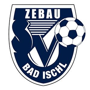 Das Zebau Bad Ischl Fußballclub Logo zeigt einen Schild mit einem Fußball über dem Text 'Zebau Bad Ischl'. Der Schild ist blau und weiß.