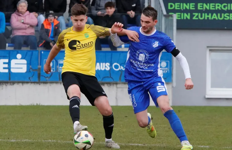 Two soccer players in blue and yellow jerseys compete for the ball on a field. One is in a blue jersey, the other in a yellow jersey. Spectators watch from the stands.
