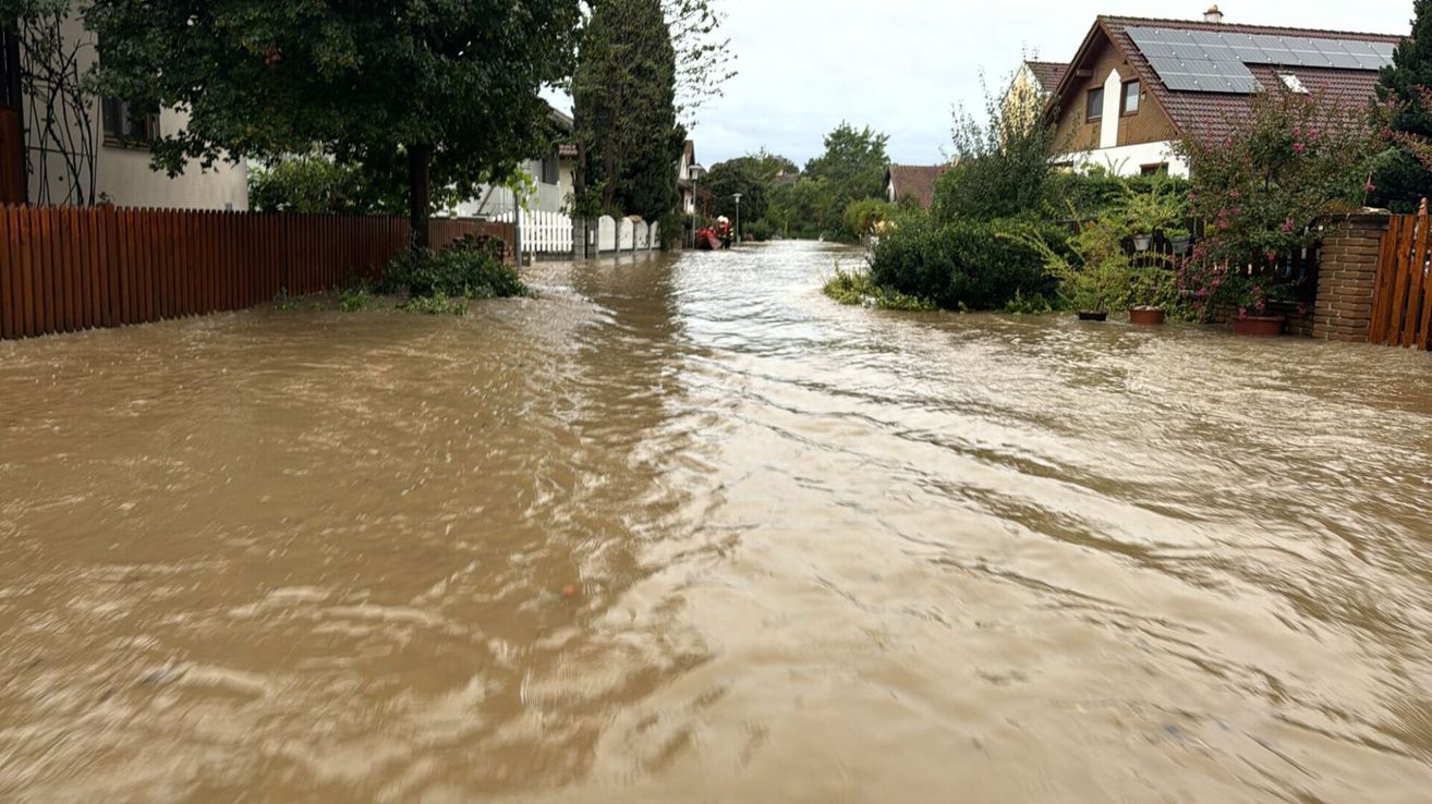 Eine überflutete Straße mit schnell fließendem Wasser und Häusern auf beiden Seiten. Bäume und Pflanzen sind teilweise überflutet. Ein Feuerwehrwagen ist in der Ferne.