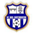 Das SC Bad Sauerbrunn-Emblem zeigt einen Schild mit blau-weißen Streifen, einem Fußball in der Mitte, einer Fontäne und einer Brücke im oberen Bereich.