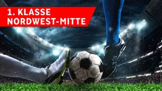 A soccer player in blue socks kicks a ball on a field. The background shows a stadium. The text reads 'SSE WEST-MITTE.'