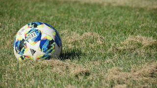 Ein Fußball mit mehrfarbigem Design und dem Wort adidas liegt auf dem Rasen.