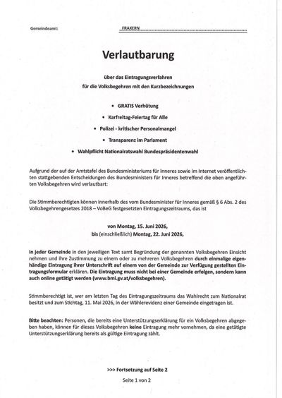 Das Dokument behandelt das Eintragungsverfahren für Fahrzeughalter mit Kurzkennzeichen. Es erwähnt einen kostenlosen Service, Feiertagsfreizeit für alle, kritischer Personalmangel bei der Polizei, Transparenz im Parlament und obligatorische Nationalratspräsidentenwahl. Der Eintragungszeitraum ist vom 15. Juni 2026 bis zum 22. Juni 2026, einschließlich des Feiertags. Stimmberechtigte können sich für ein oder mehrere Referenden anmelden, indem sie ihre Unterschriften einreichen. Die Anmeldung kann online erfolgen.