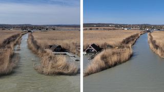 Two split views of a small wooden house on a river surrounded by tall grass with a wooden dock. The background features mountains and towns.