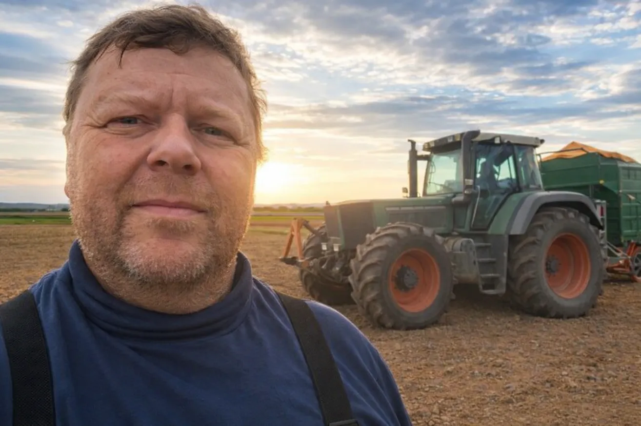 A man stands in a field with a tractor in the background, under a cloudy sunset sky.