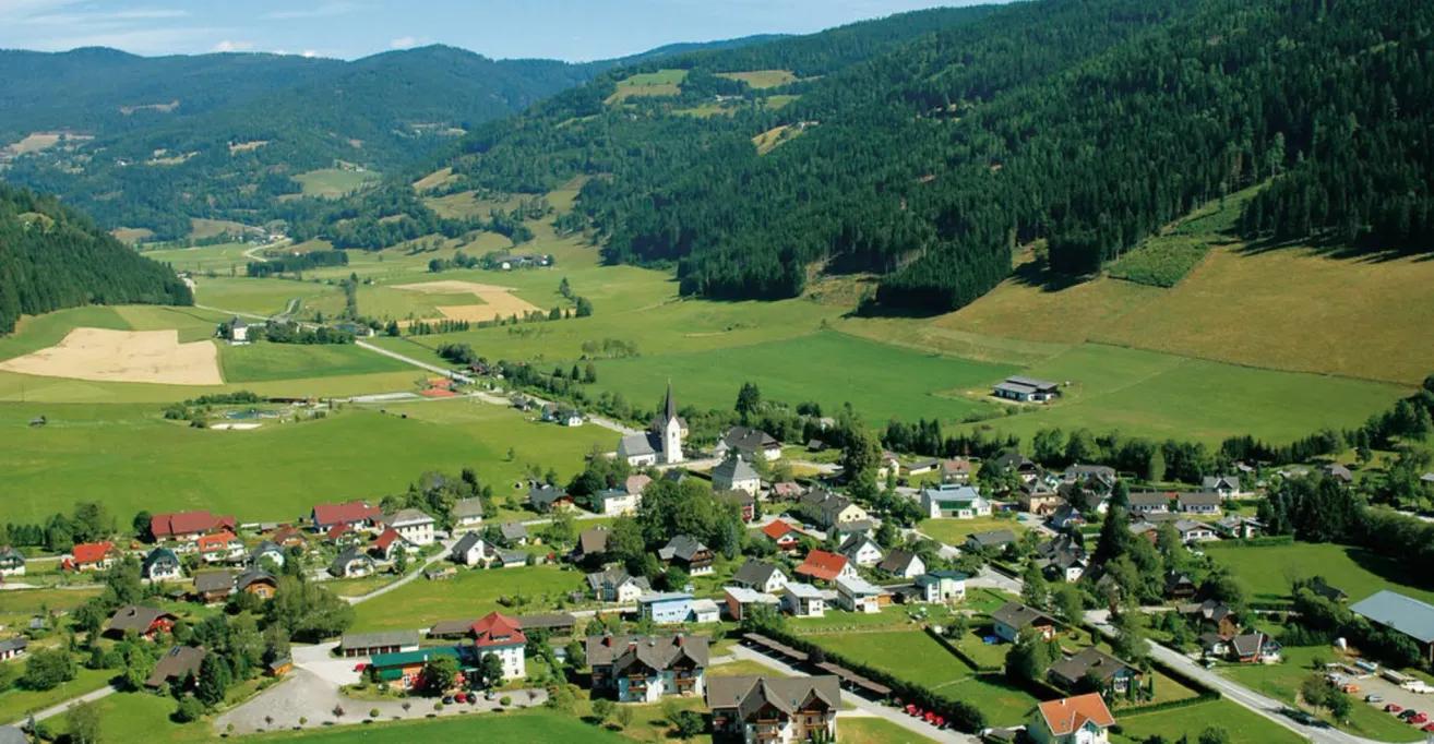 Aerial view of a village surrounded by lush green fields and dense forests with a church in the center.