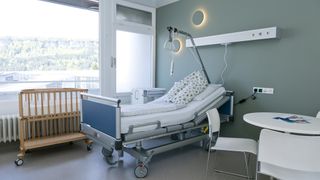 Ein Krankenhauszimmer mit einem Bett, Stühlen und einem Kinderbett. Ein großes Fenster zeigt einen Blick nach draußen. Die Wände sind grün gestrichen.