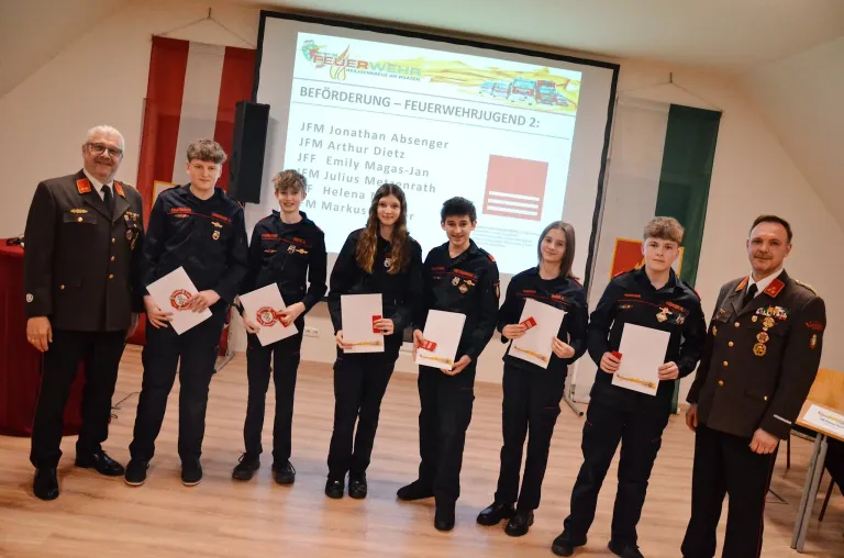 Eine Gruppe junger Menschen in Uniform steht vor einer Projektionsleinwand mit Zertifikaten in der Hand. Sie gehören wahrscheinlich zu einer Jugendfeuerwehr.