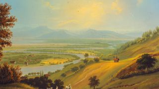 A landscape painting shows a river winding through a valley, with mountains in the distance and a small village on the left.