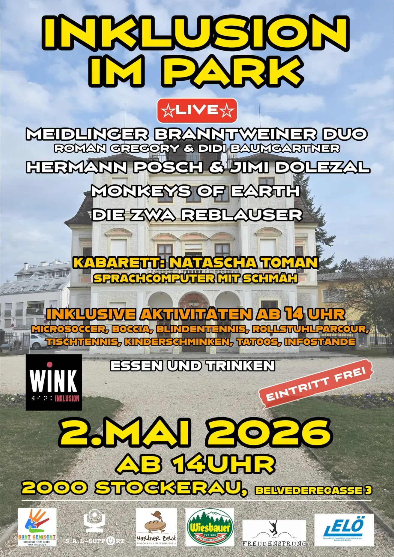 Poster advertising a live event on May 2, 2026, featuring musicians and activities. It includes a lineup of artists, inclusive activities, and mentions entry is free.