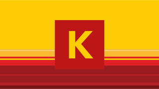 A square with a red background and a large yellow letter K in the center.