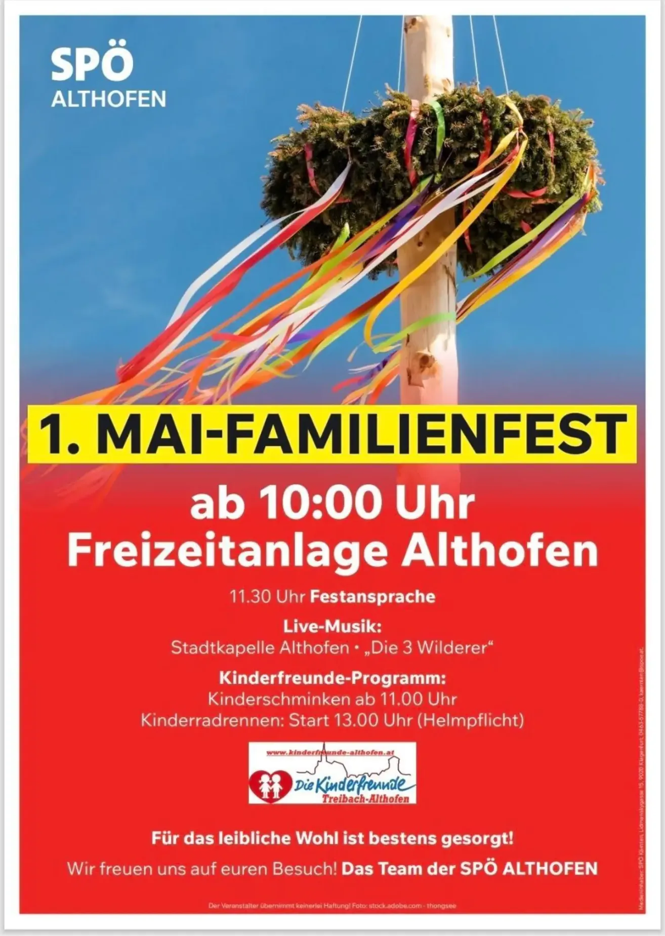 Poster for 1st May family festival at Freizeitanlage Althofen. Begins at 10:00 AM. Includes speeches, live music, and children's activities.