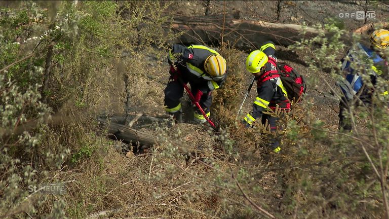Zwei Feuerwehrleute in Schutzkleidung arbeiten in einem verbrannten Gebiet, einer mit einem Werkzeug, der andere mit einem Rucksack.