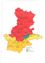Eine Karte zeigt die Verteilung verschiedener Werte über verschiedene Regionen. Die Regionen sind farblich kodiert mit Gelb, Orange und Rot. Zahlen geben spezifische Werte für jede Region an. Eine Legende am unteren Rand erklärt die Farbkodierung und die Werte.