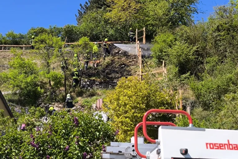 Feuerwehrleute in gelben Helmen arbeiten auf einem Hang und sprühen Wasser. Bäume und Sträucher befinden sich auf beiden Seiten und eine rote Struktur ist rechts sichtbar.