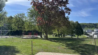 Ein Spielplatz mit einem großen Baum und einem Ziegelweg. Der Bereich ist von Gras und einigen Bäumen umgeben. Die Spielgeräte sind eingezäunt.