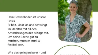 Ein Bild zeigt eine Frau in einem grünen Blumenkleid, die sich gegen einen Baum lehnt, mit Text, der Stabilität und Balance betont. Die Veranstaltung trägt den Titel 'Zentrum deiner Stabilität' und bietet einen Vortrag von Christina Stolavettz am 20. Mai 2026 um 18:00 in Donnerskirchen.
