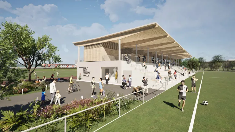 Eine künstlerische Darstellung einer modernen Sporteinrichtung mit einem großen Eingang, Sitzbereichen und herumlaufenden Menschen. Bäume und Pflanzen tragen zur grünen Atmosphäre bei.