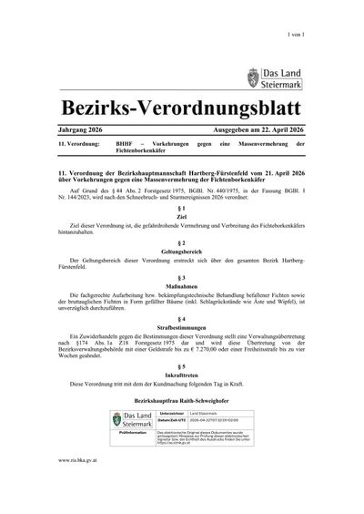Eine Bezirksverordnungsblatt aus dem Jahr 2026 vom 22. April 2026 über Verbote gegen die Massenzucht von Kampfhahnen. Die Verordnung, wirksam ab dem 21. April 2026, verbietet die gefährliche Vermehrung und Verbreitung von Kampfhahnen. Die Verordnung gilt für den gesamten Bezirk Hartberg-Fürstenfeld.