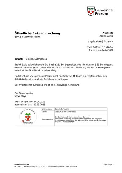 Die öffentliche Bekanntmachung informiert, dass Angela Alicke mit einer Geldstrafe belegt wurde, weil sie ein eingeschriebenes Schreiben nicht innerhalb von 14 Tagen entgegengenommen hat. Die Bekanntmachung wurde am 24.04.2026 veröffentlicht und wird am 11.05.2026 entfernt.