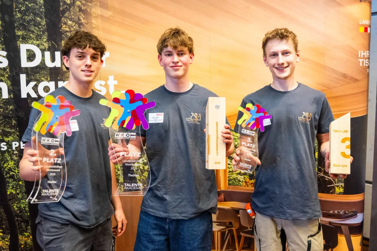 Drei junge Männer stehen zusammen und halten Trophäen. Sie tragen passende graue T-Shirts mit Logos. Der Mann links hält eine bunte Papierfigur, der in der Mitte eine hölzerne Box und der rechts eine Trophäe mit '3. PLATZ' darauf. Hinter ihnen ist eine Wand mit einem warmen Hintergrund und etwas Text.