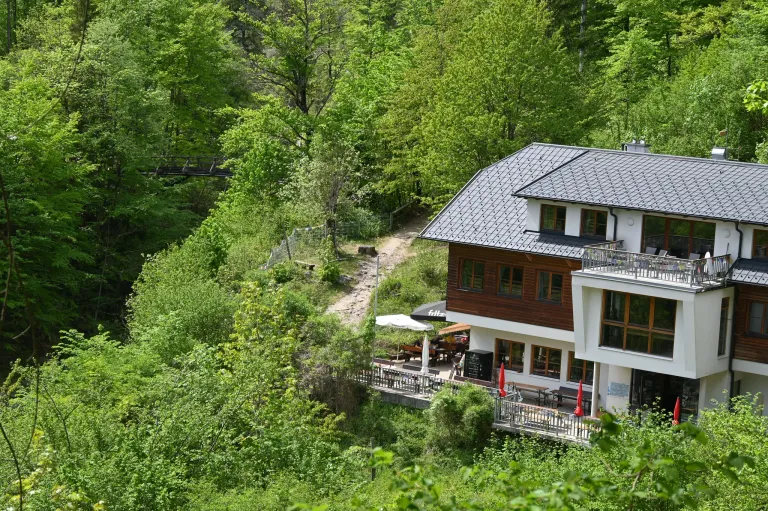 A hillside house with a gray roof and brown wooden walls. The house has a balcony with railings and windows. It is surrounded by lush greenery, with a path leading to a bridge.