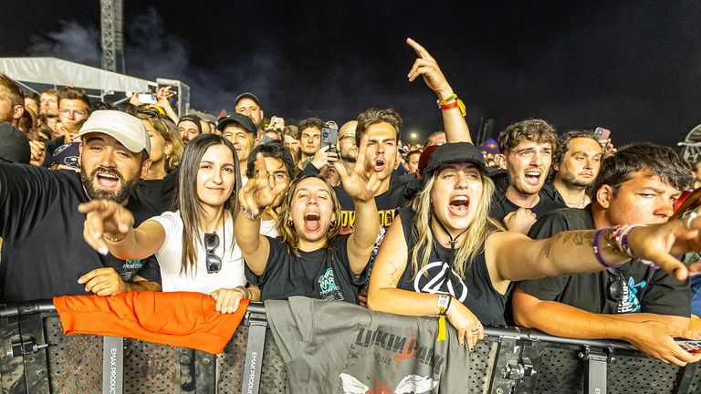 A group of people at a night concert. They are cheering, some with hands raised, one wearing a hat and another with a peace sign. A woman holds an orange cloth, and a gray shirt with a band design is visible.