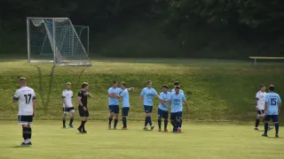 A group of soccer players in light blue uniforms and one in black stand on a field with a goal in the background.