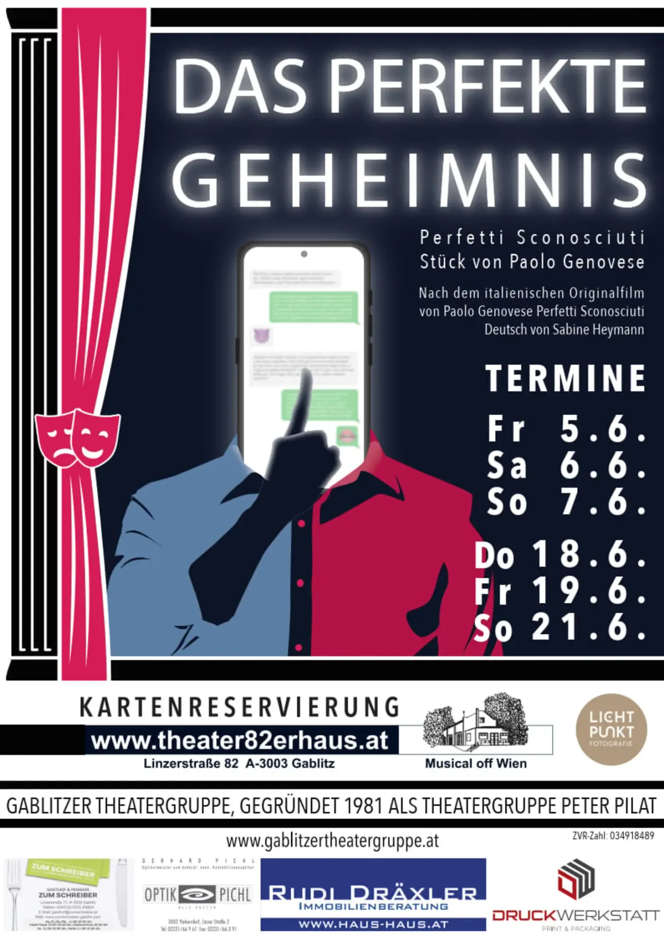 Poster for the play Geheimnis by Paolo Genovese, featuring a phone and dates. It was translated by Sabine Heymann.
