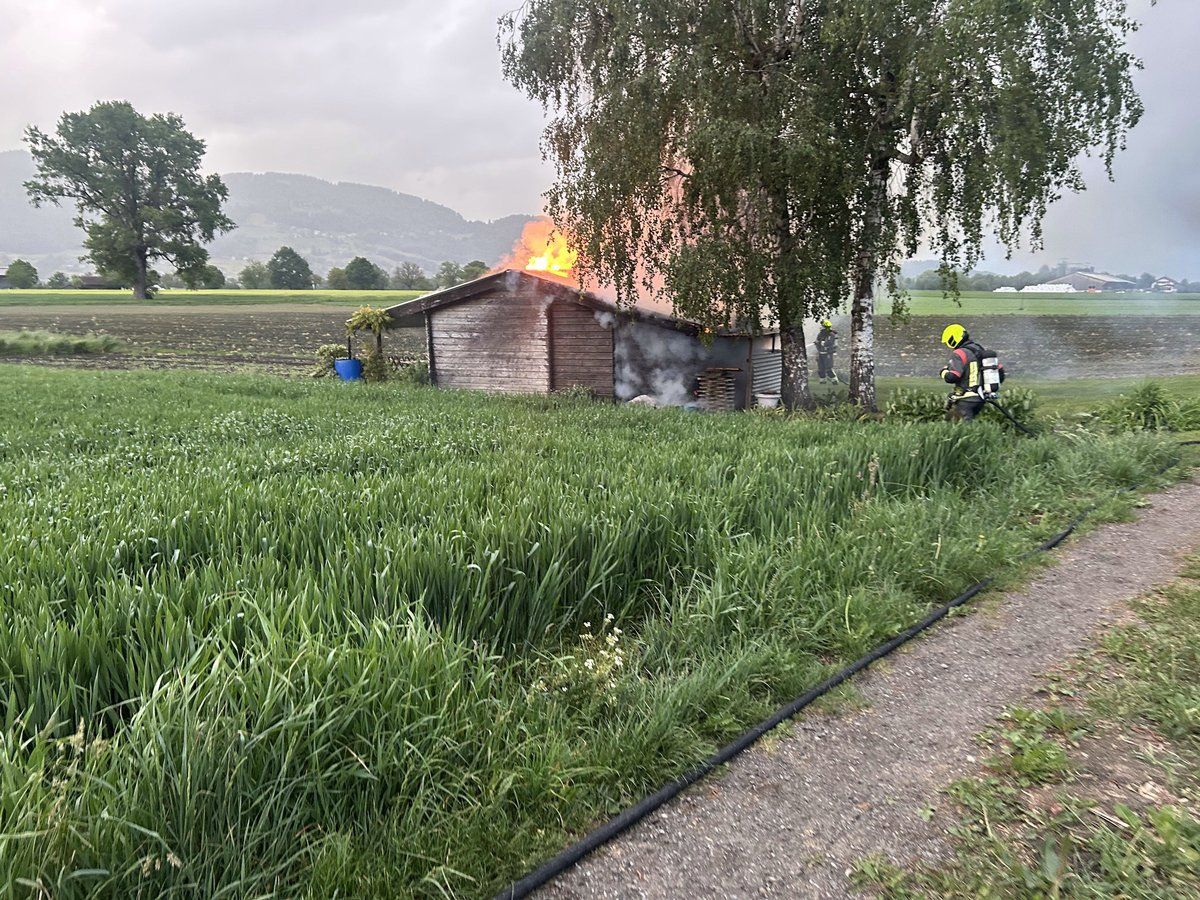A fire burns a wooden shed in a grassy field. A firefighter approaches with a hose, while another stands nearby. Trees and a blue barrel are in the foreground.