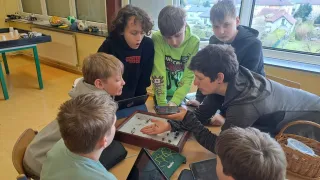 A group of young boys are gathered around a table with a box of insects, looking at it with interest. A woman in a black jacket is showing them something on a phone.