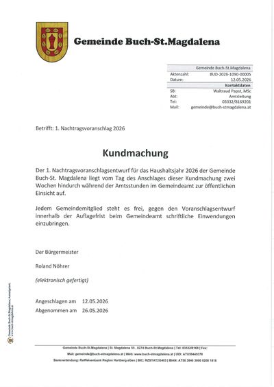 Der Entwurf des Haushaltsplans für das Haushaltsjahr 2026 der Gemeinde Buch-St. Magdalena liegt nach der Bekanntgabe des Gemeinderats zwei Wochen lang während der Öffnungszeiten im Gemeindeamt zur öffentlichen Einsicht auf. Jedem Gemeinderatsmitglied steht es frei, innerhalb der Frist beim Gemeinderat schriftlich Einwände einzureichen.